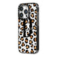 Personalised Leopard Print iPhone 14 Pro Black Impact Case Side Angle on Silver phone