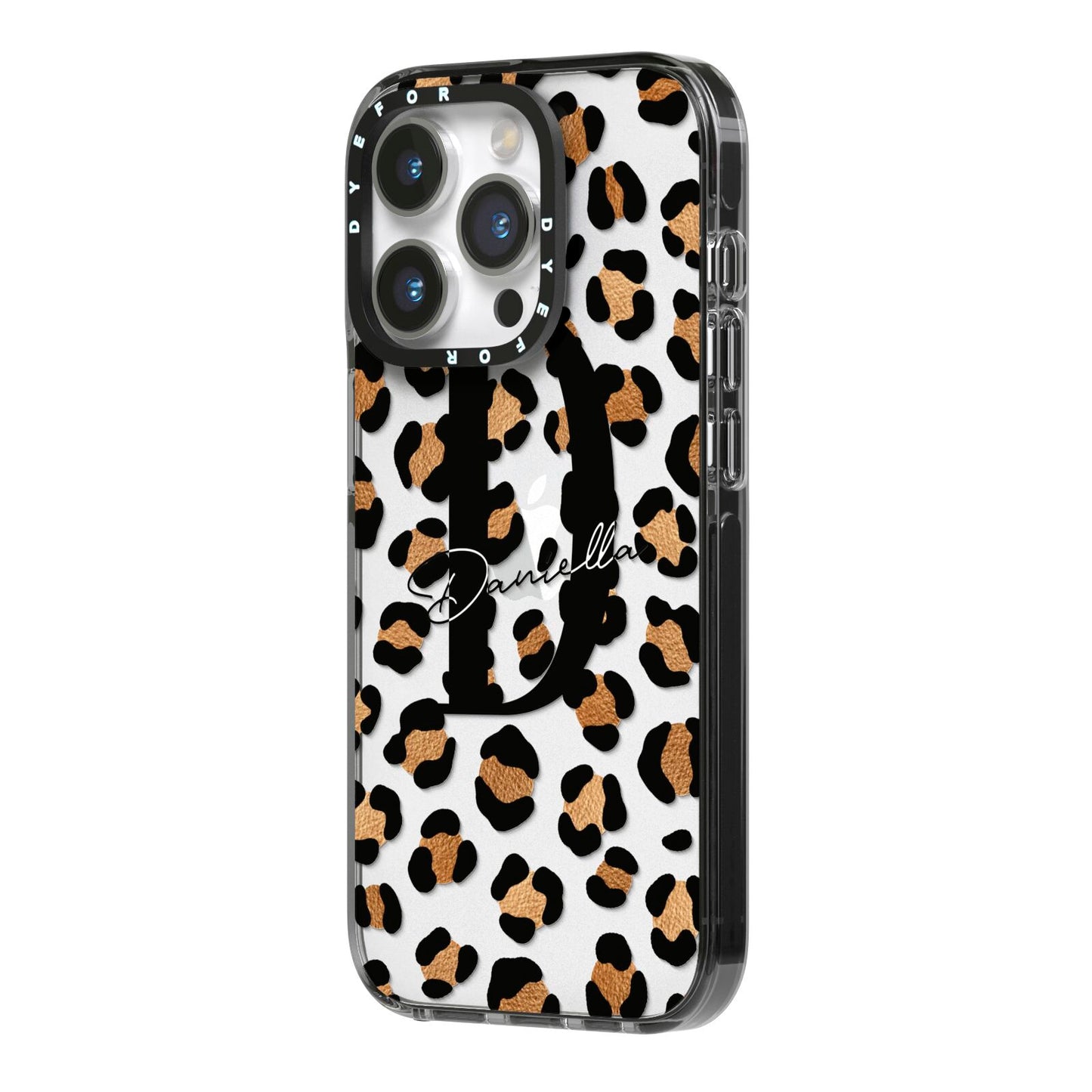 Personalised Leopard Print iPhone 14 Pro Black Impact Case Side Angle on Silver phone