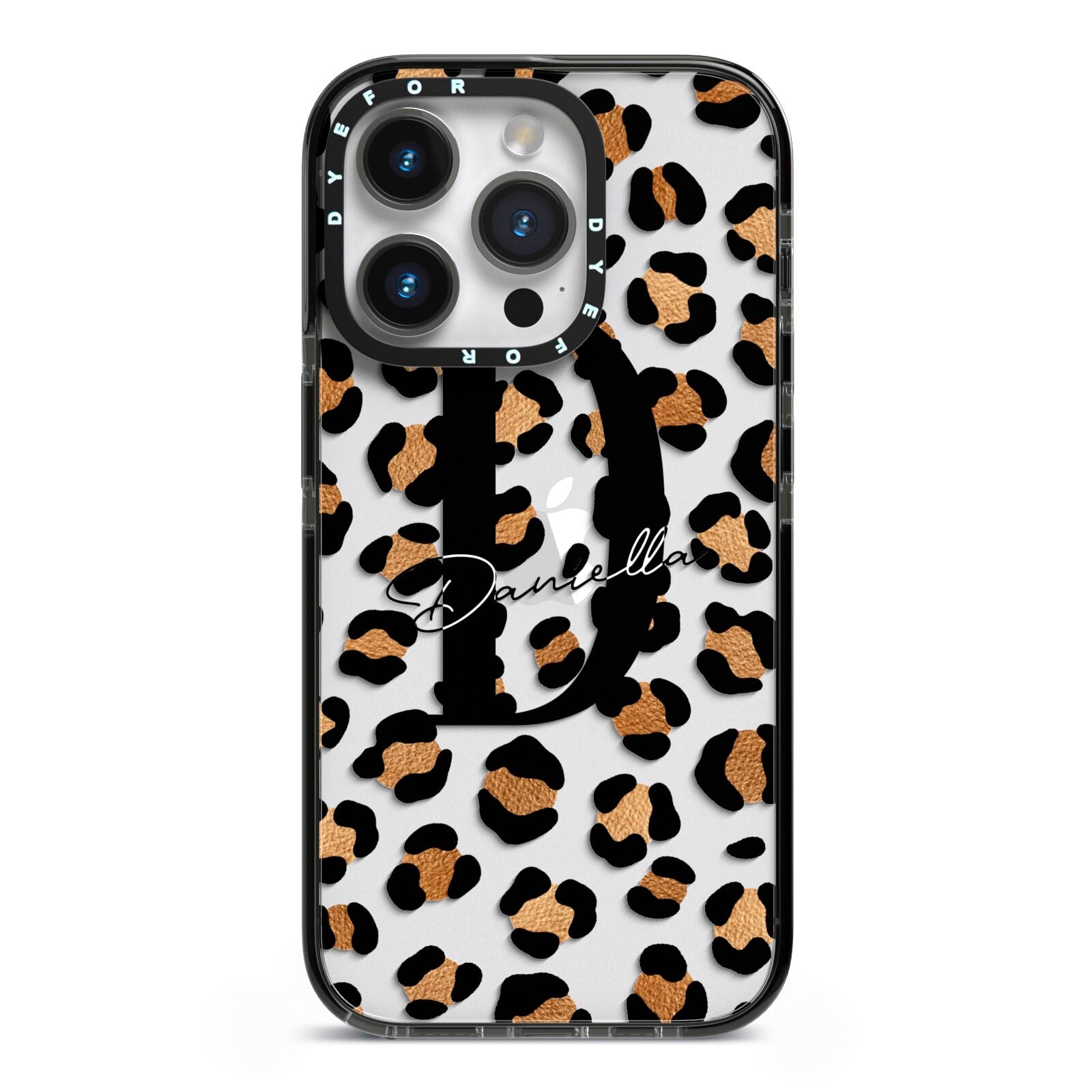 Personalised Leopard Print iPhone 14 Pro Black Impact Case on Silver phone