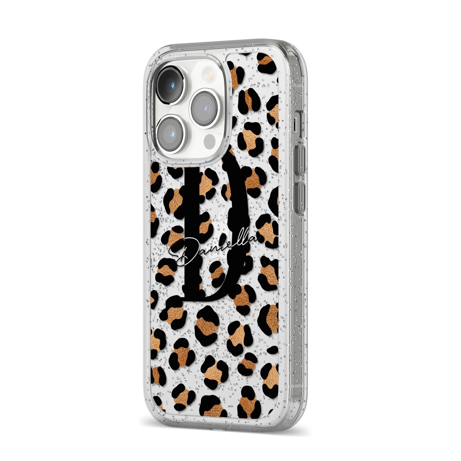 Personalised Leopard Print iPhone 14 Pro Glitter Tough Case Silver Angled Image