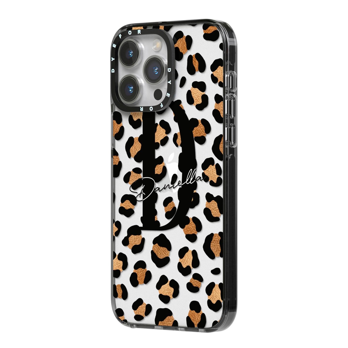 Personalised Leopard Print iPhone 14 Pro Max Black Impact Case Side Angle on Silver phone