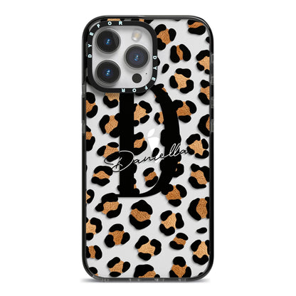 Personalised Leopard Print iPhone 14 Pro Max Black Impact Case on Silver phone