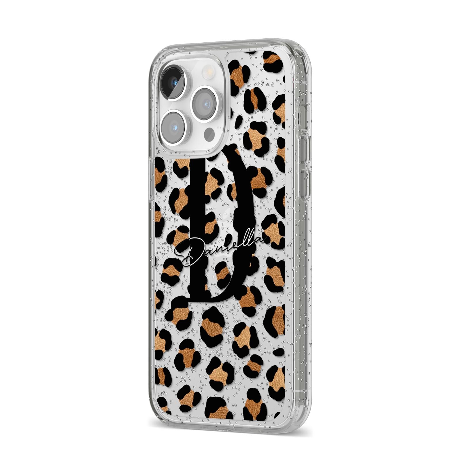 Personalised Leopard Print iPhone 14 Pro Max Glitter Tough Case Silver Angled Image