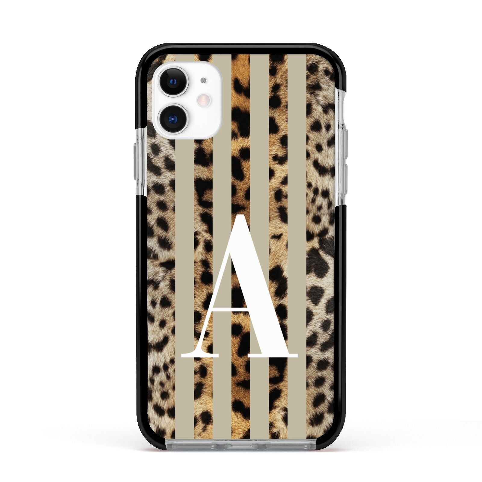 Personalised Leopard Stripes Apple iPhone 11 in White with Black Impact Case