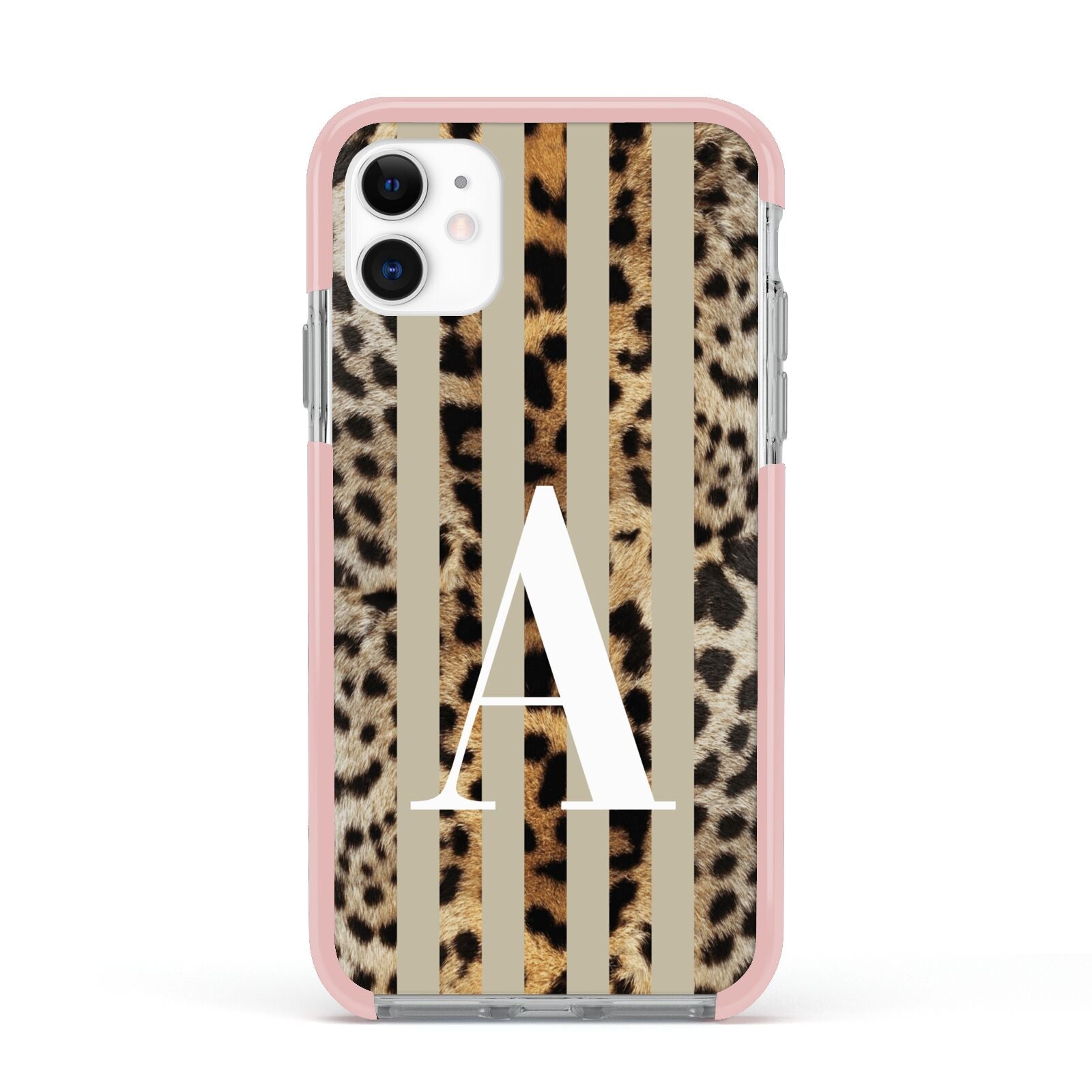 Personalised Leopard Stripes Apple iPhone 11 in White with Pink Impact Case