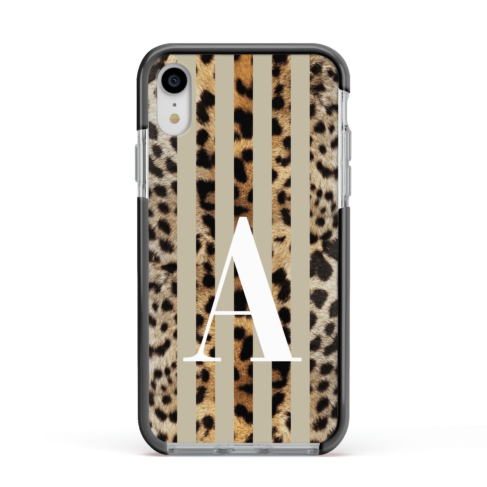 Personalised Leopard Stripes Apple iPhone XR Impact Case Black Edge on Silver Phone