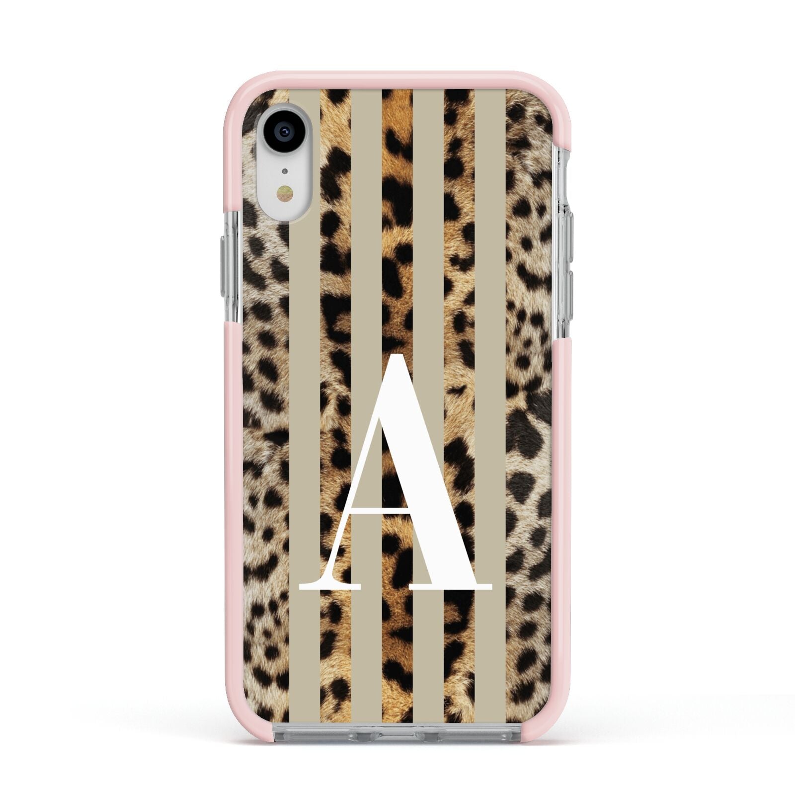 Personalised Leopard Stripes Apple iPhone XR Impact Case Pink Edge on Silver Phone