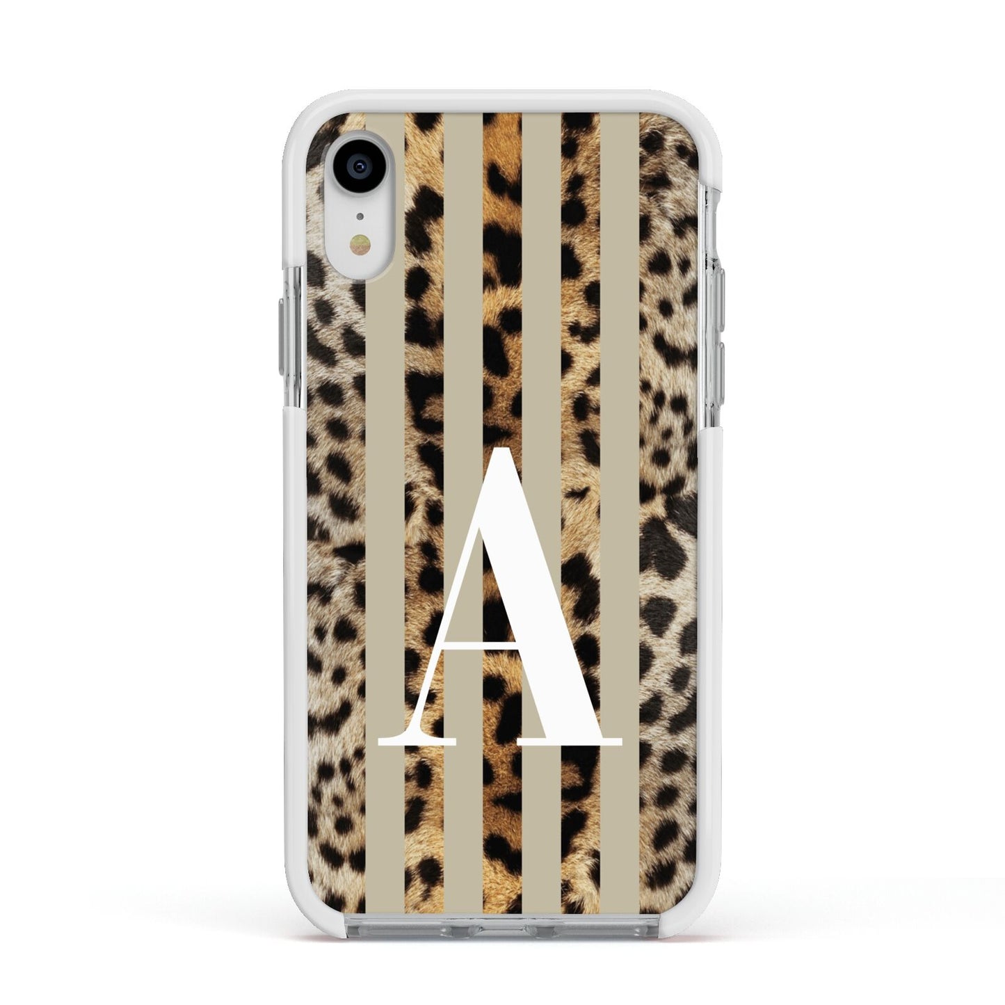 Personalised Leopard Stripes Apple iPhone XR Impact Case White Edge on Silver Phone