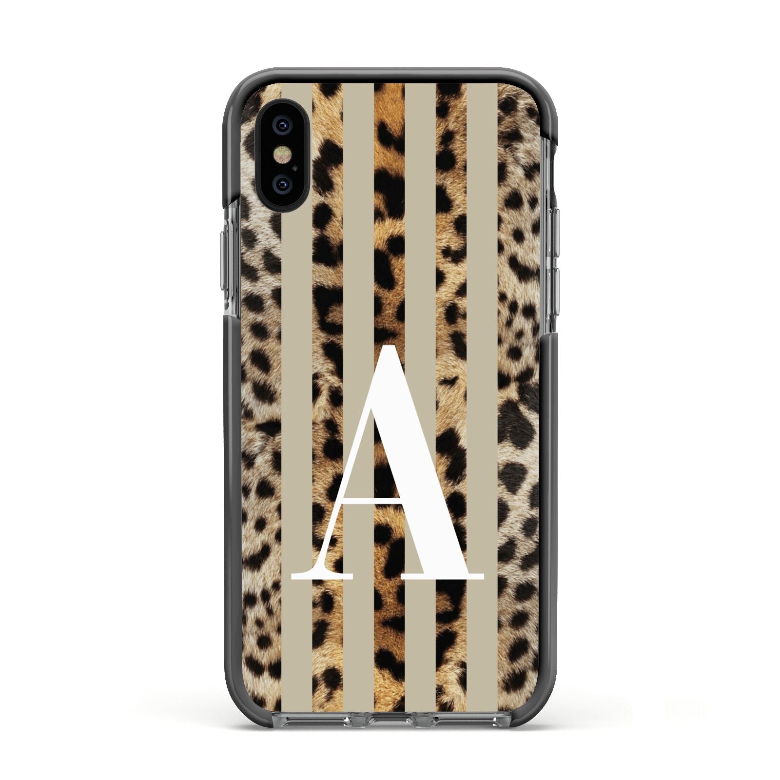 Personalised Leopard Stripes Apple iPhone Xs Impact Case Black Edge on Black Phone