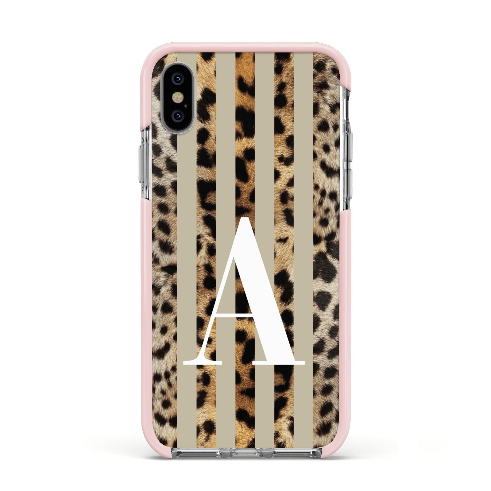 Personalised Leopard Stripes Apple iPhone Xs Impact Case Pink Edge on Silver Phone