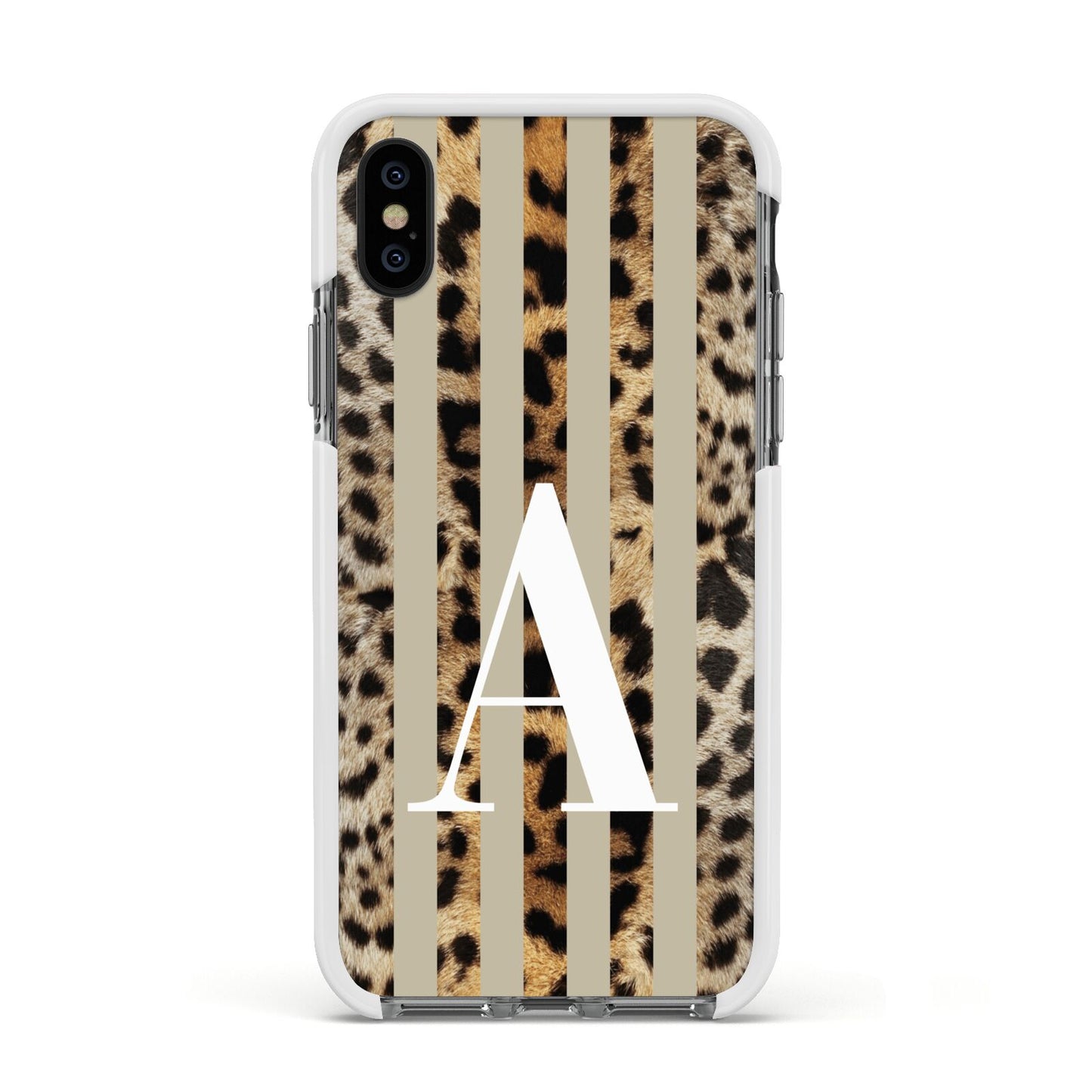 Personalised Leopard Stripes Apple iPhone Xs Impact Case White Edge on Black Phone