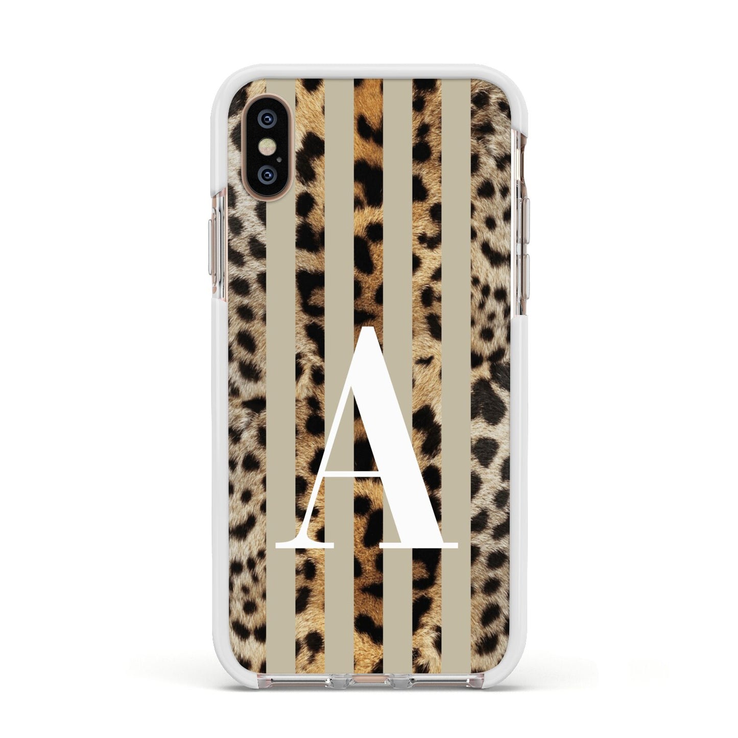 Personalised Leopard Stripes Apple iPhone Xs Impact Case White Edge on Gold Phone