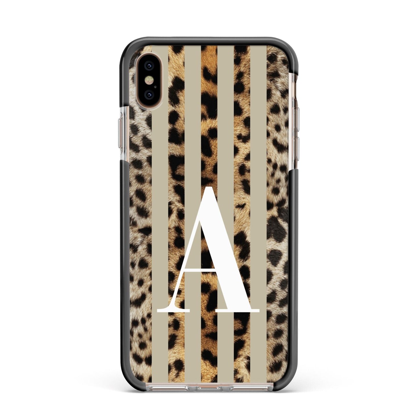 Personalised Leopard Stripes Apple iPhone Xs Max Impact Case Black Edge on Gold Phone