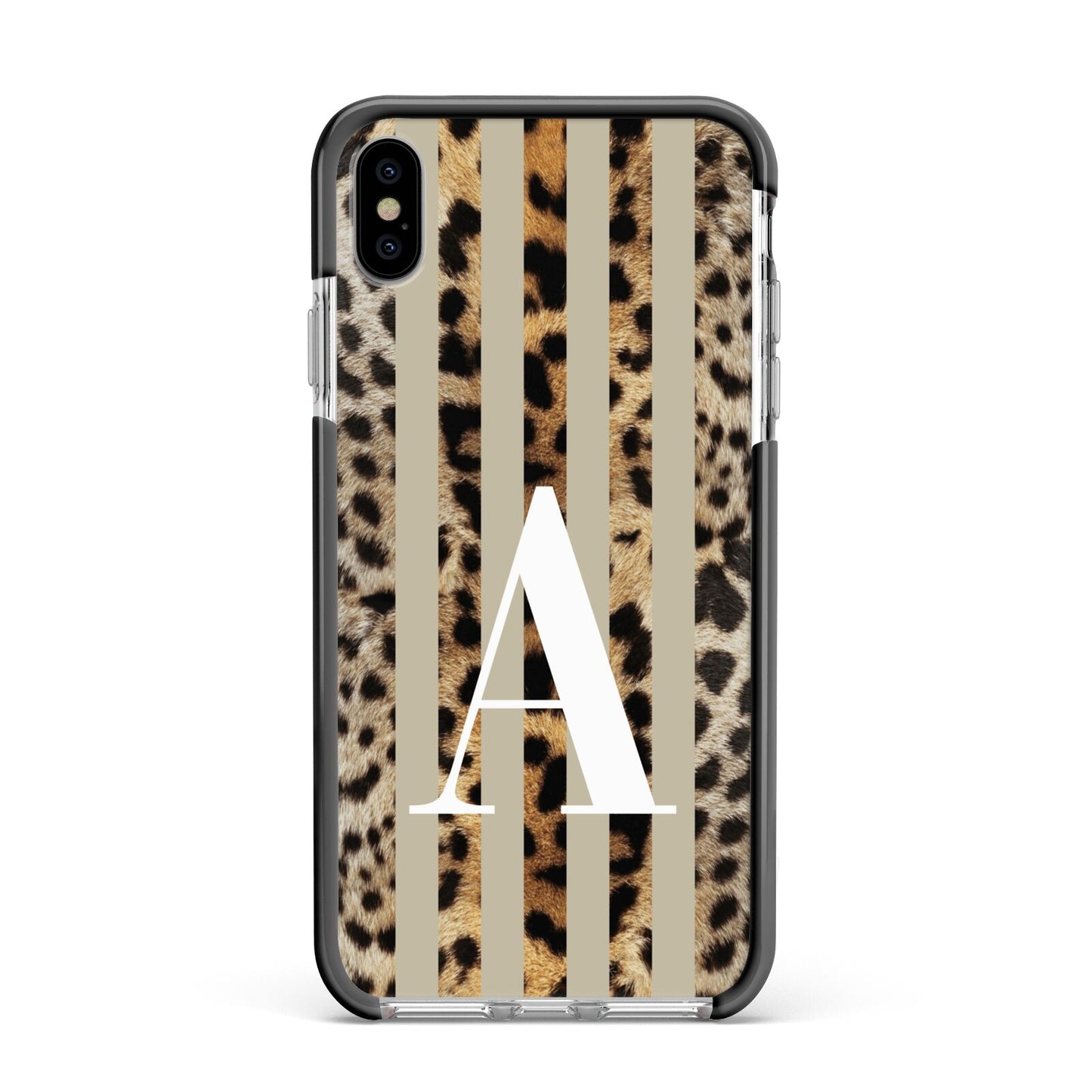 Personalised Leopard Stripes Apple iPhone Xs Max Impact Case Black Edge on Silver Phone