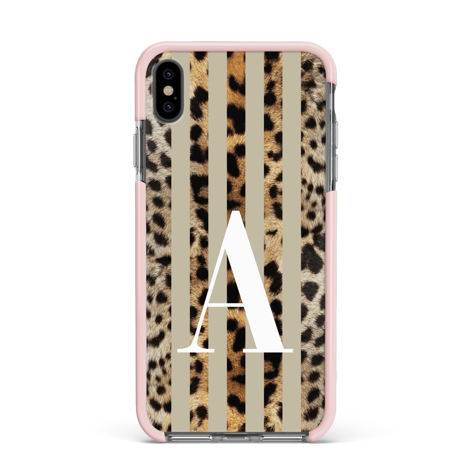 Personalised Leopard Stripes Apple iPhone Xs Max Impact Case Pink Edge on Black Phone
