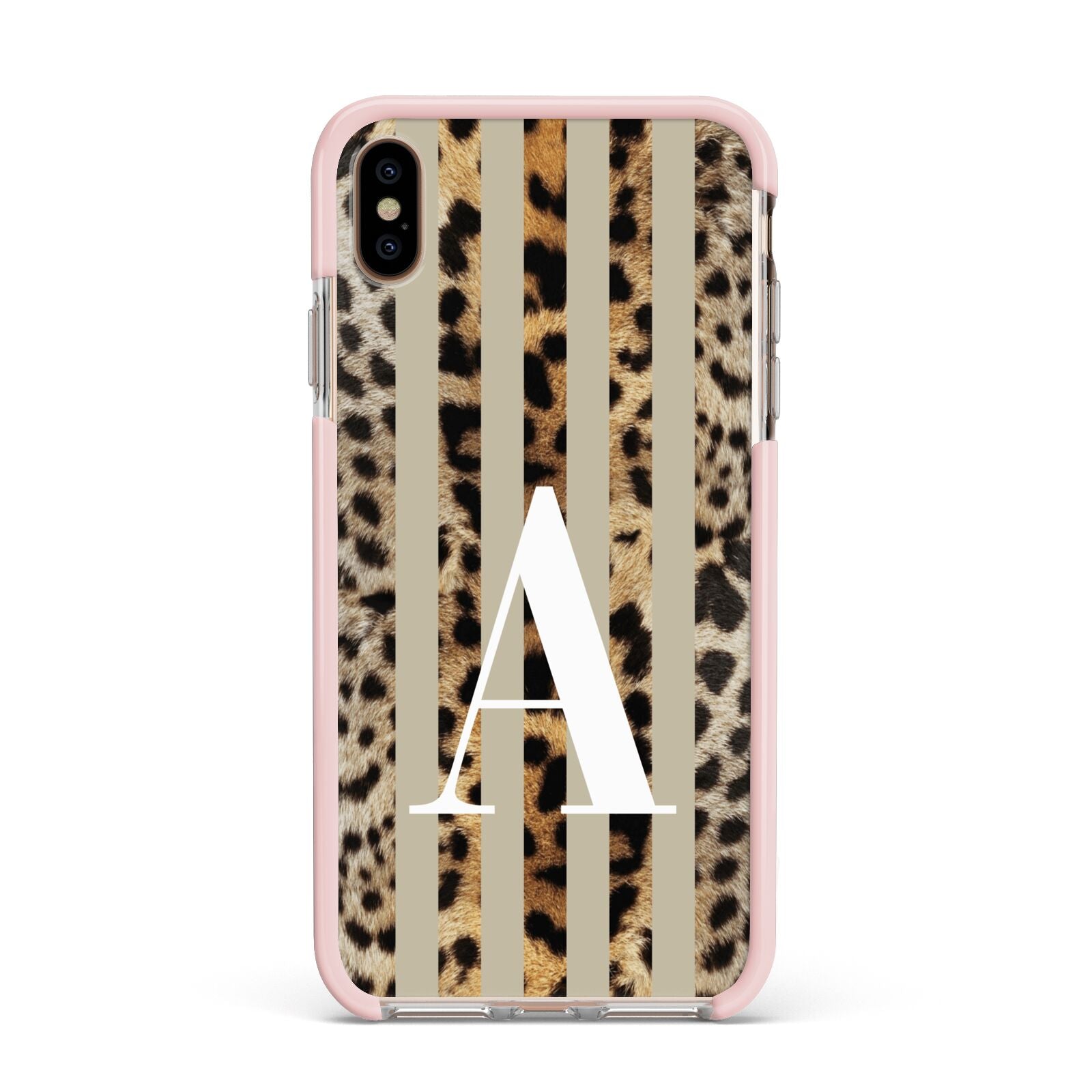 Personalised Leopard Stripes Apple iPhone Xs Max Impact Case Pink Edge on Gold Phone