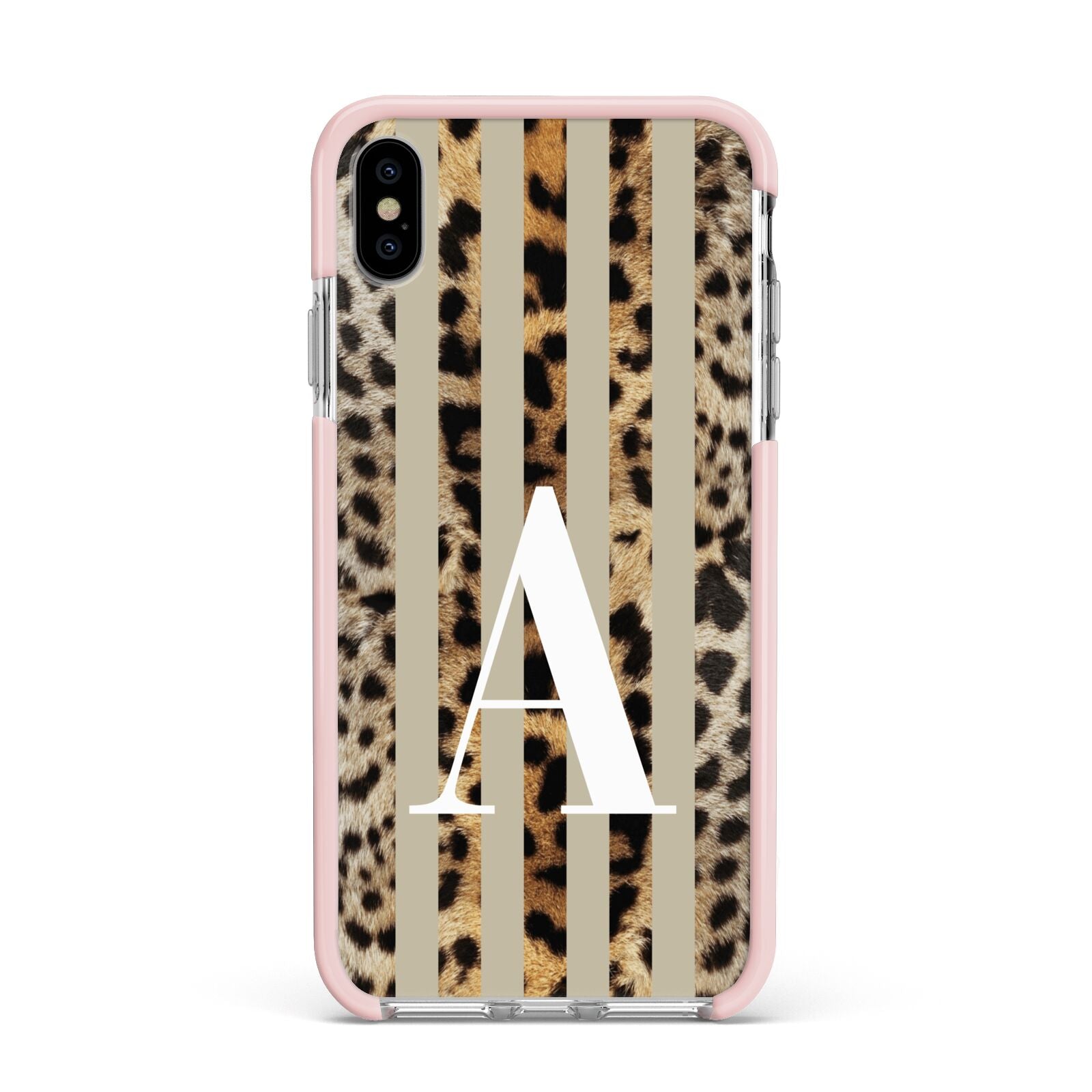 Personalised Leopard Stripes Apple iPhone Xs Max Impact Case Pink Edge on Silver Phone