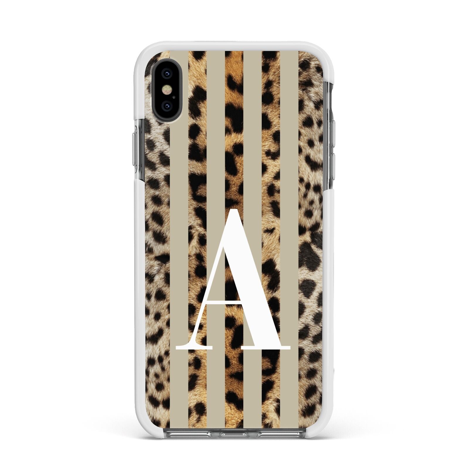 Personalised Leopard Stripes Apple iPhone Xs Max Impact Case White Edge on Black Phone