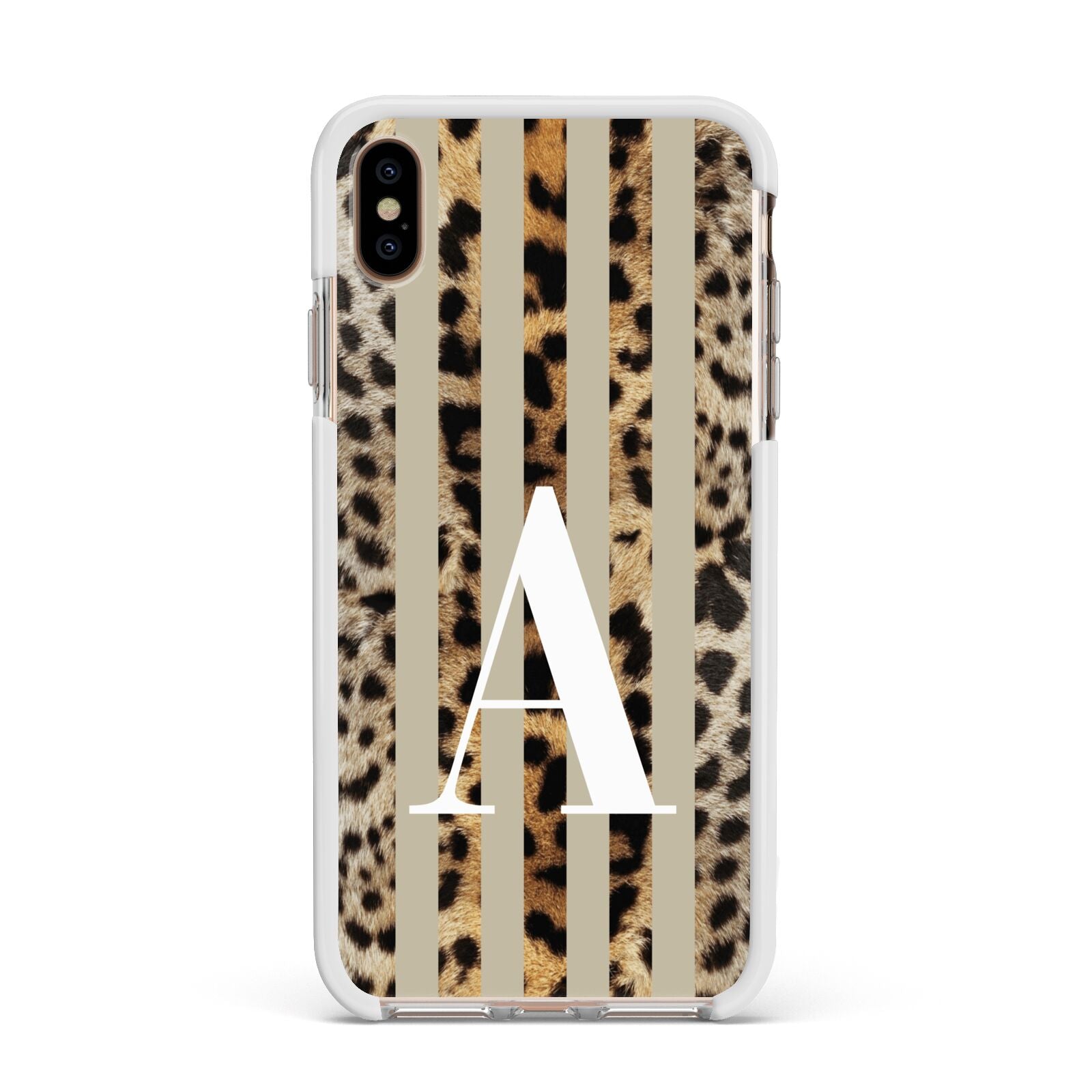 Personalised Leopard Stripes Apple iPhone Xs Max Impact Case White Edge on Gold Phone