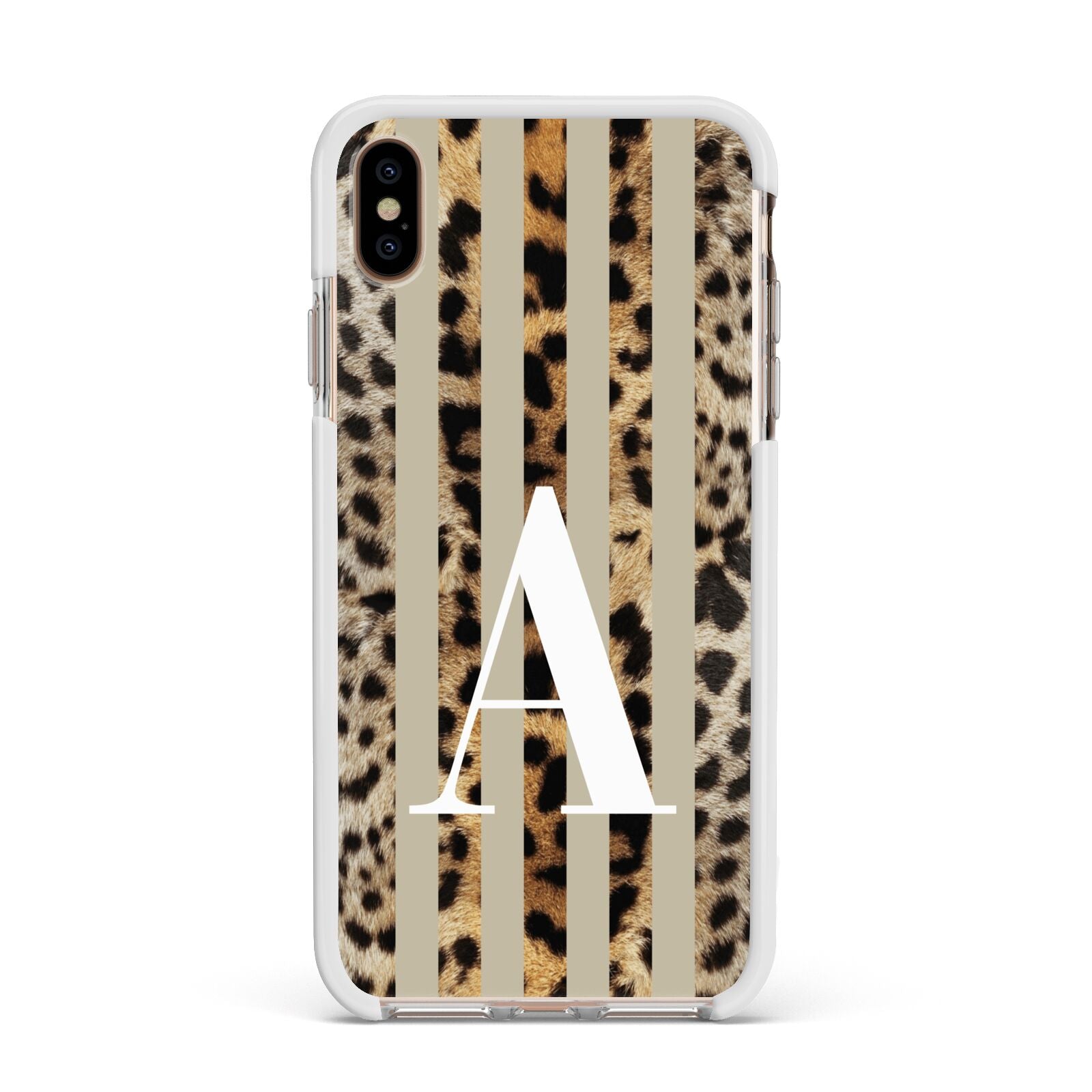 Personalised Leopard Stripes Apple iPhone Xs Max Impact Case White Edge on Gold Phone