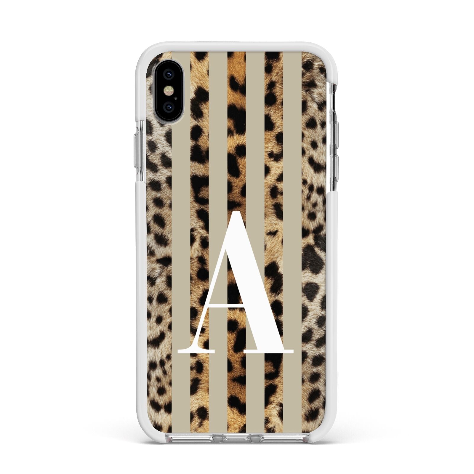 Personalised Leopard Stripes Apple iPhone Xs Max Impact Case White Edge on Silver Phone