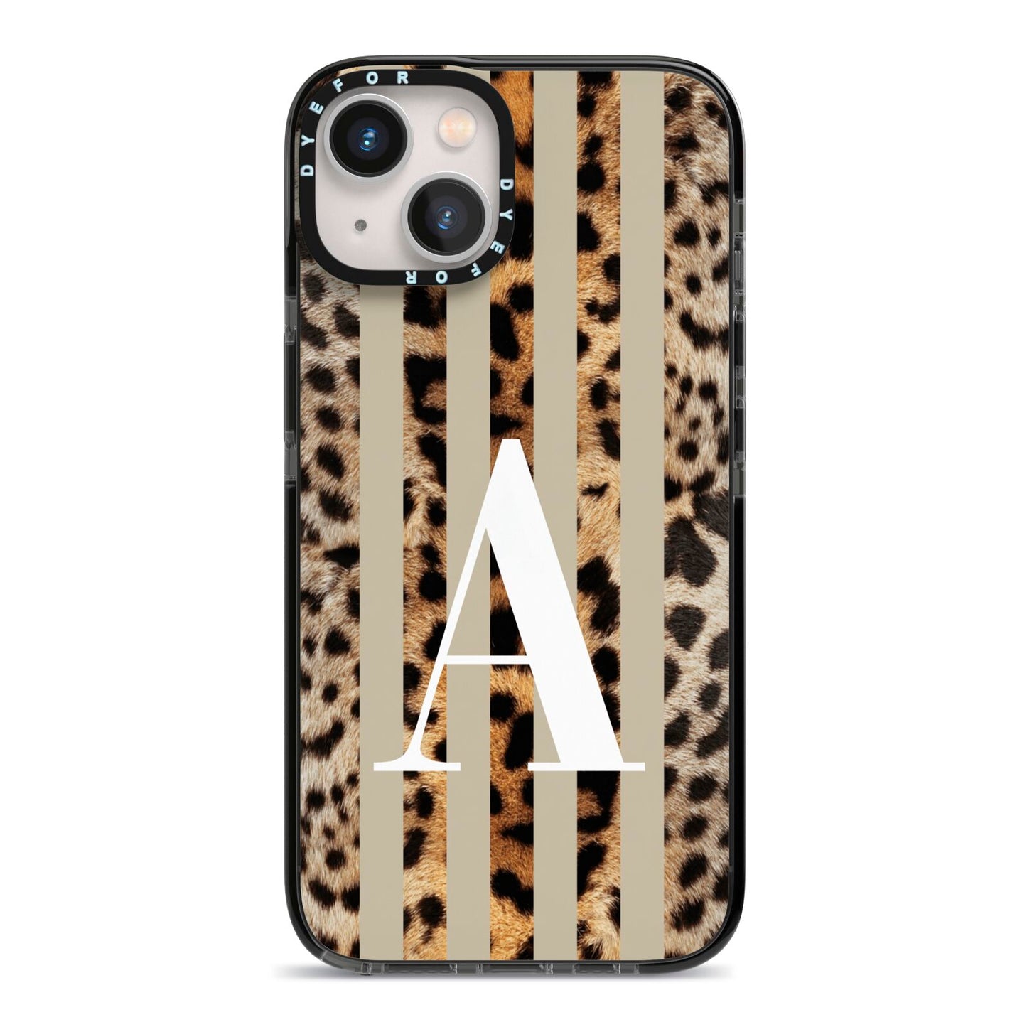 Personalised Leopard Stripes iPhone 13 Black Impact Case on Silver phone