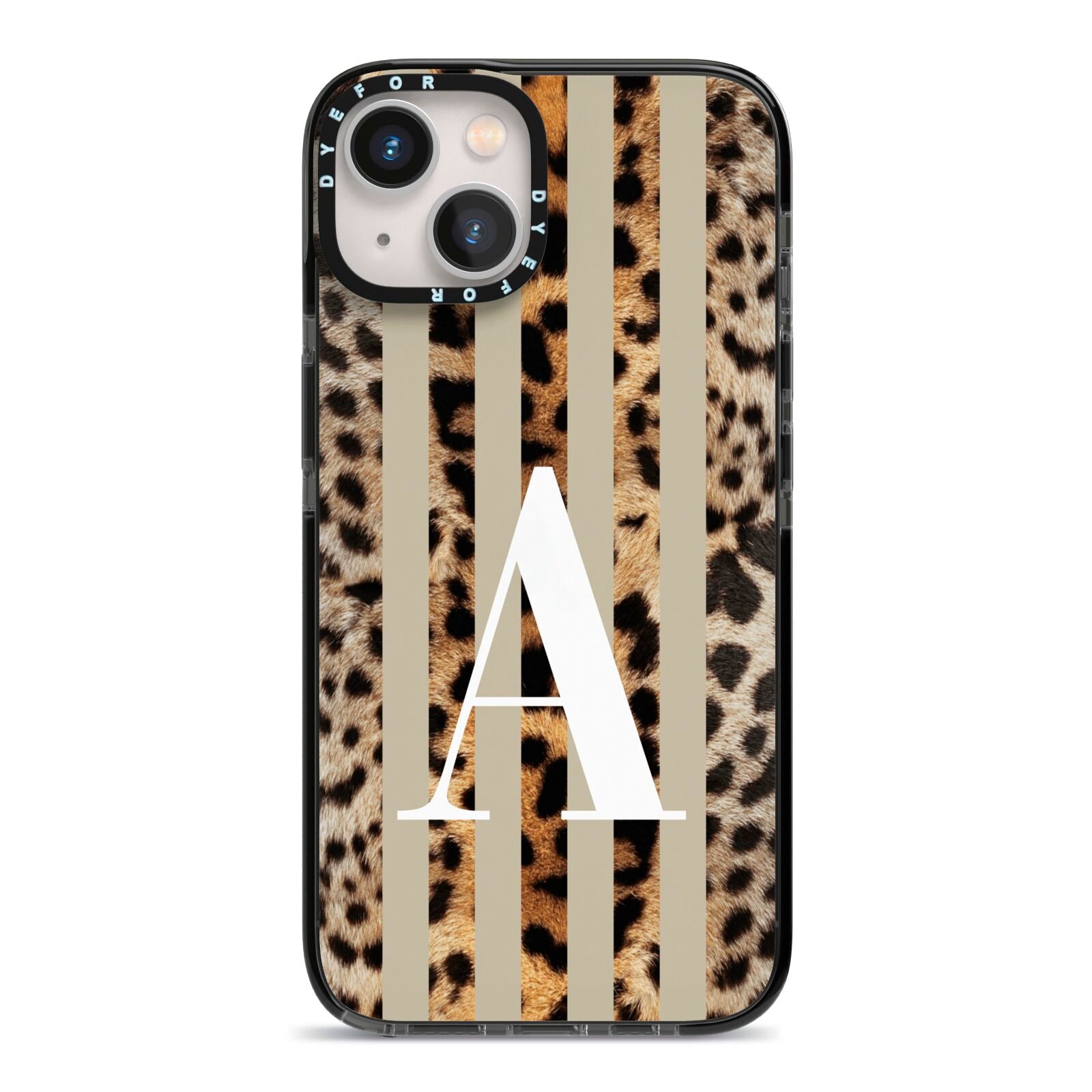 Personalised Leopard Stripes iPhone 13 Black Impact Case on Silver phone