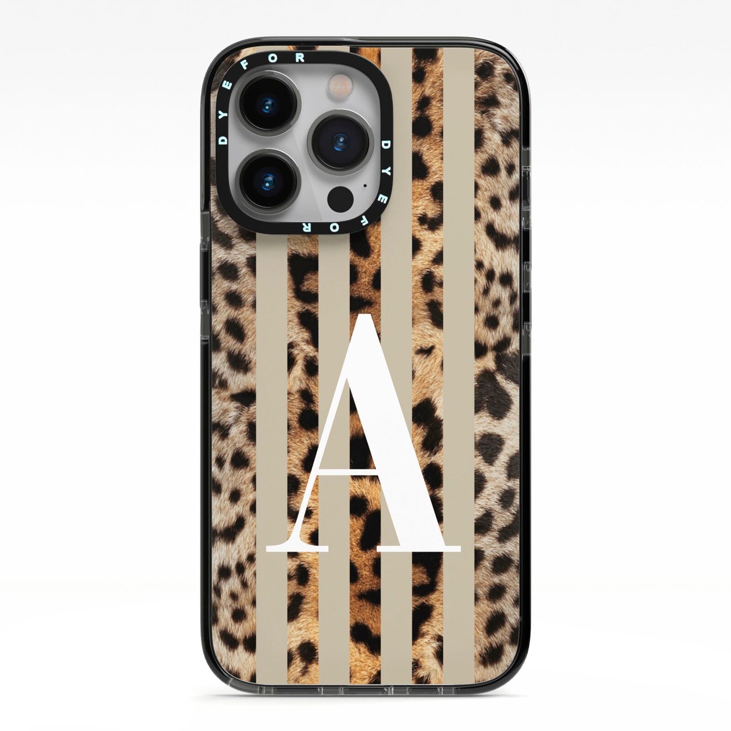 Personalised Leopard Stripes iPhone 13 Pro Black Impact Case on Silver phone
