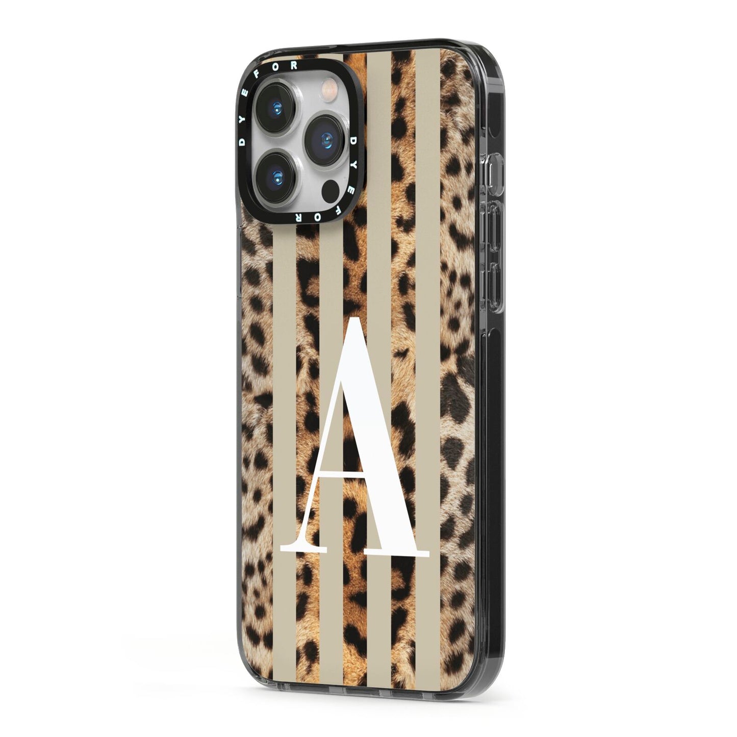 Personalised Leopard Stripes iPhone 13 Pro Max Black Impact Case Side Angle on Silver phone