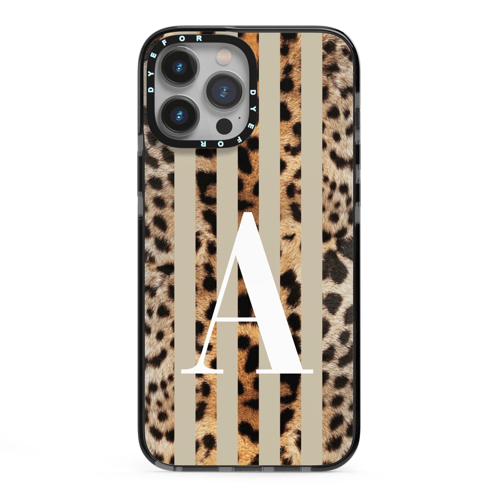 Personalised Leopard Stripes iPhone 13 Pro Max Black Impact Case on Silver phone