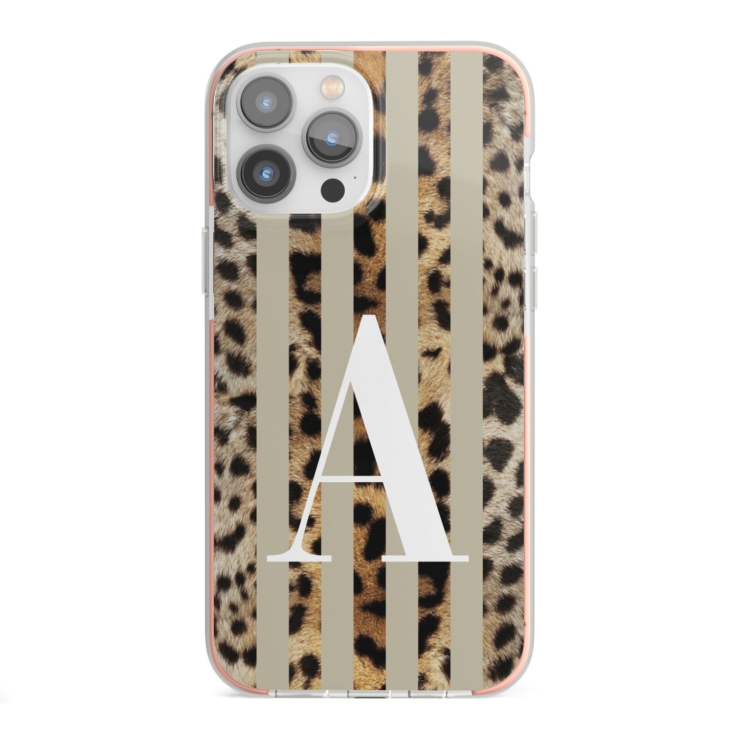 Personalised Leopard Stripes iPhone 13 Pro Max TPU Impact Case with Pink Edges