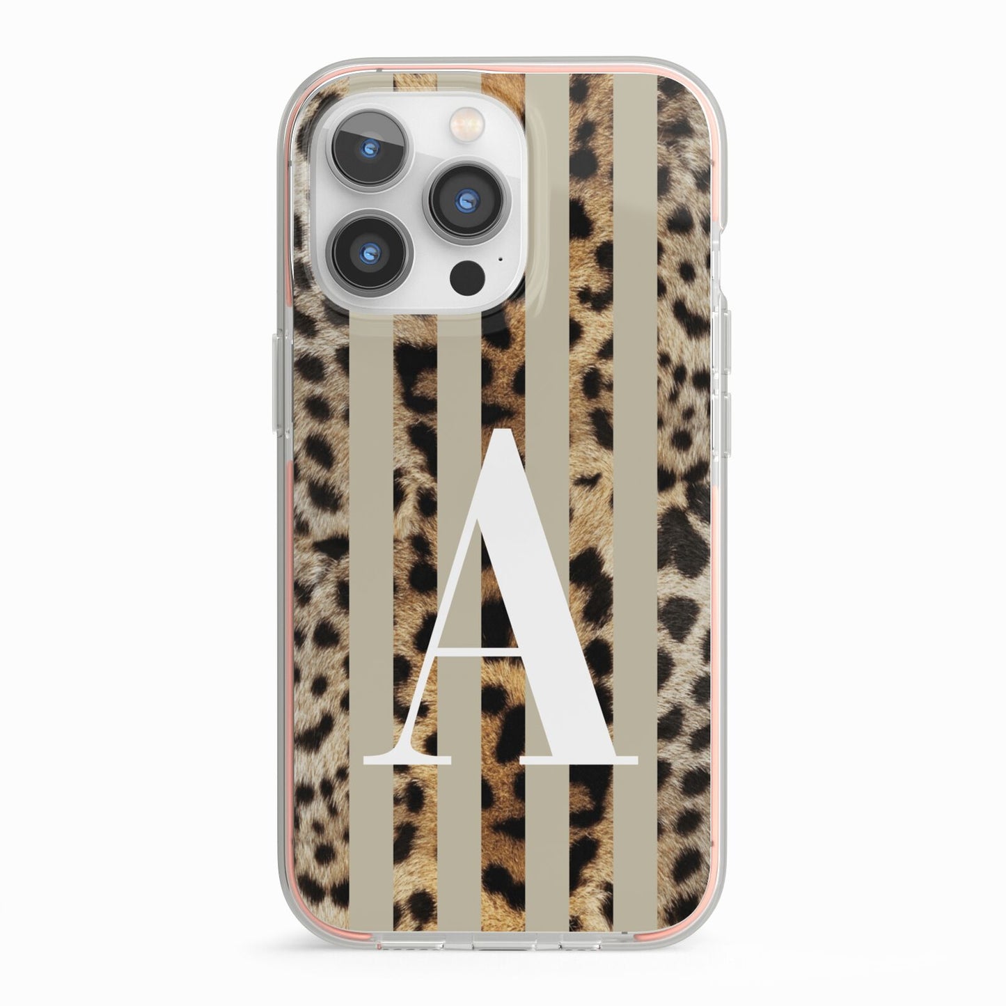 Personalised Leopard Stripes iPhone 13 Pro TPU Impact Case with Pink Edges