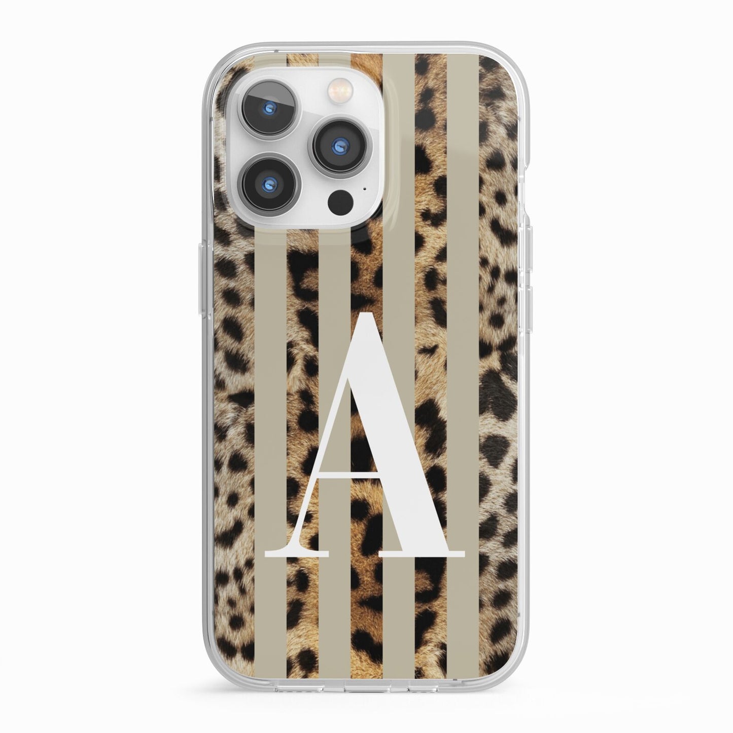 Personalised Leopard Stripes iPhone 13 Pro TPU Impact Case with White Edges