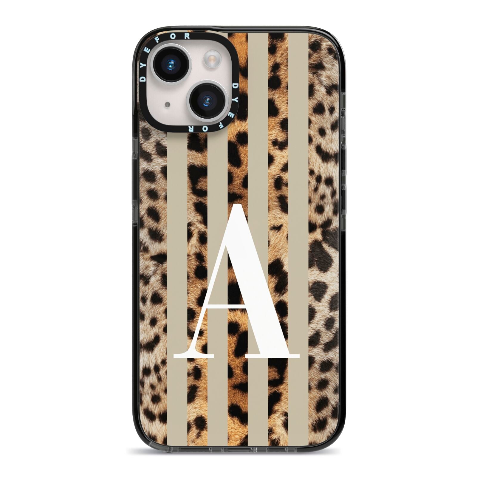 Personalised Leopard Stripes iPhone 14 Black Impact Case on Silver phone