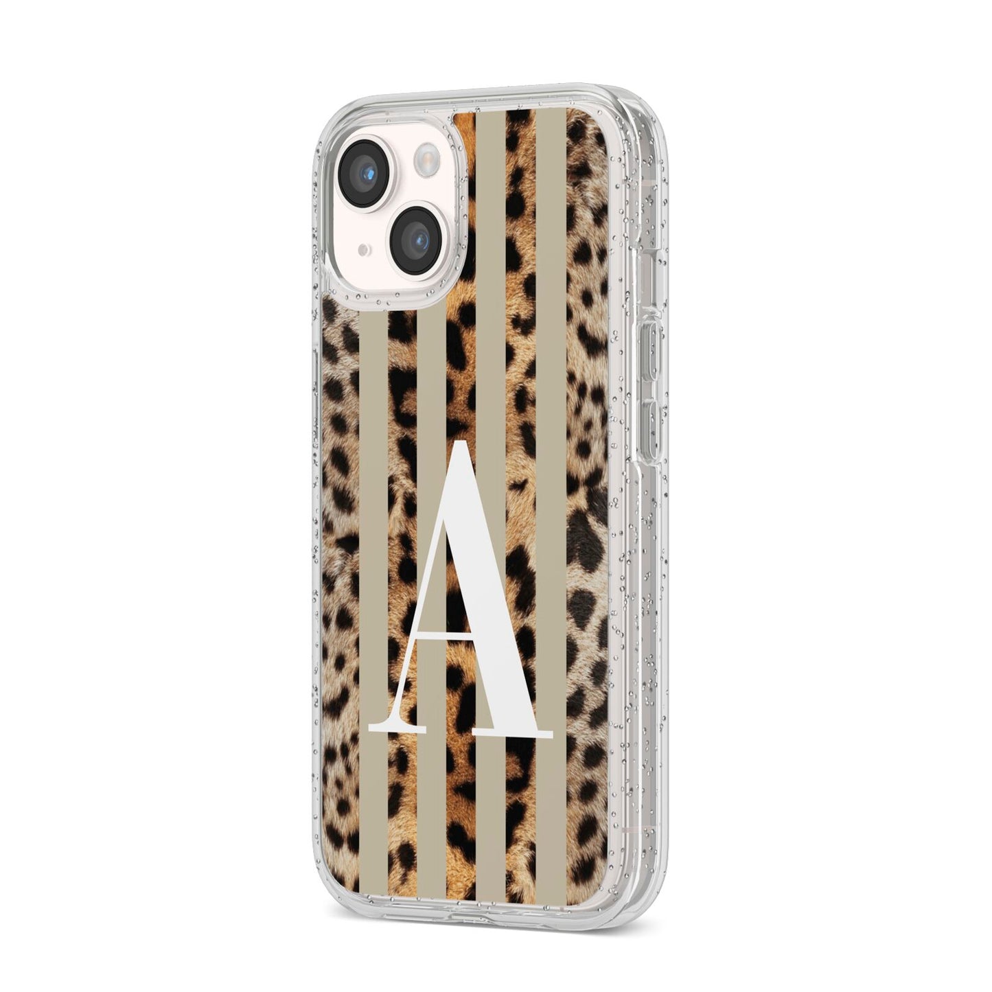 Personalised Leopard Stripes iPhone 14 Glitter Tough Case Starlight Angled Image