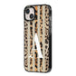 Personalised Leopard Stripes iPhone 14 Plus Black Impact Case Side Angle on Silver phone