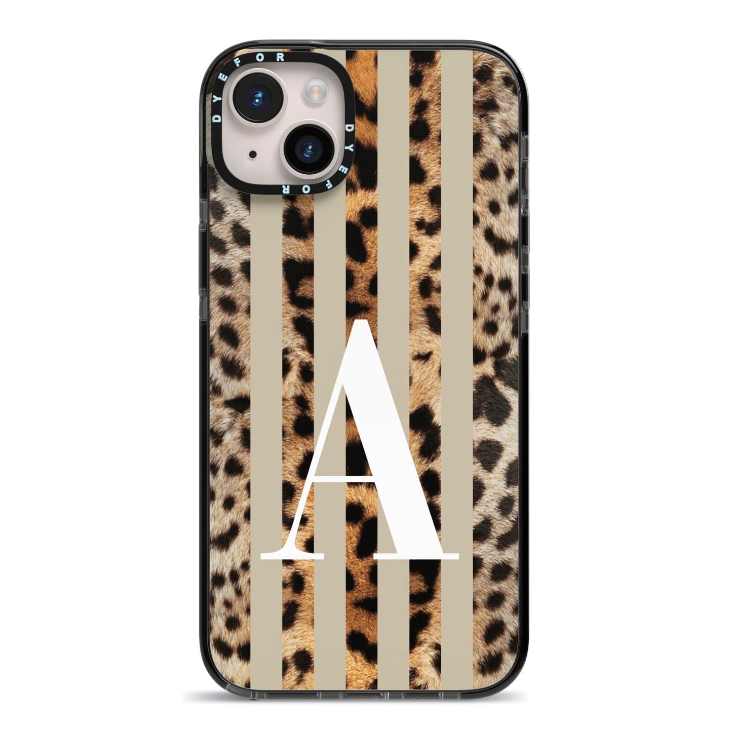 Personalised Leopard Stripes iPhone 14 Plus Black Impact Case on Silver phone