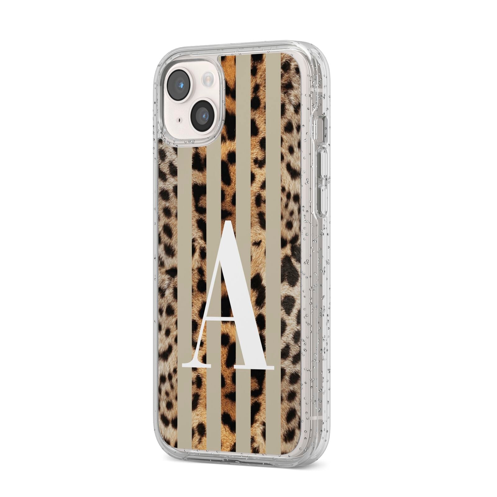 Personalised Leopard Stripes iPhone 14 Plus Glitter Tough Case Starlight Angled Image