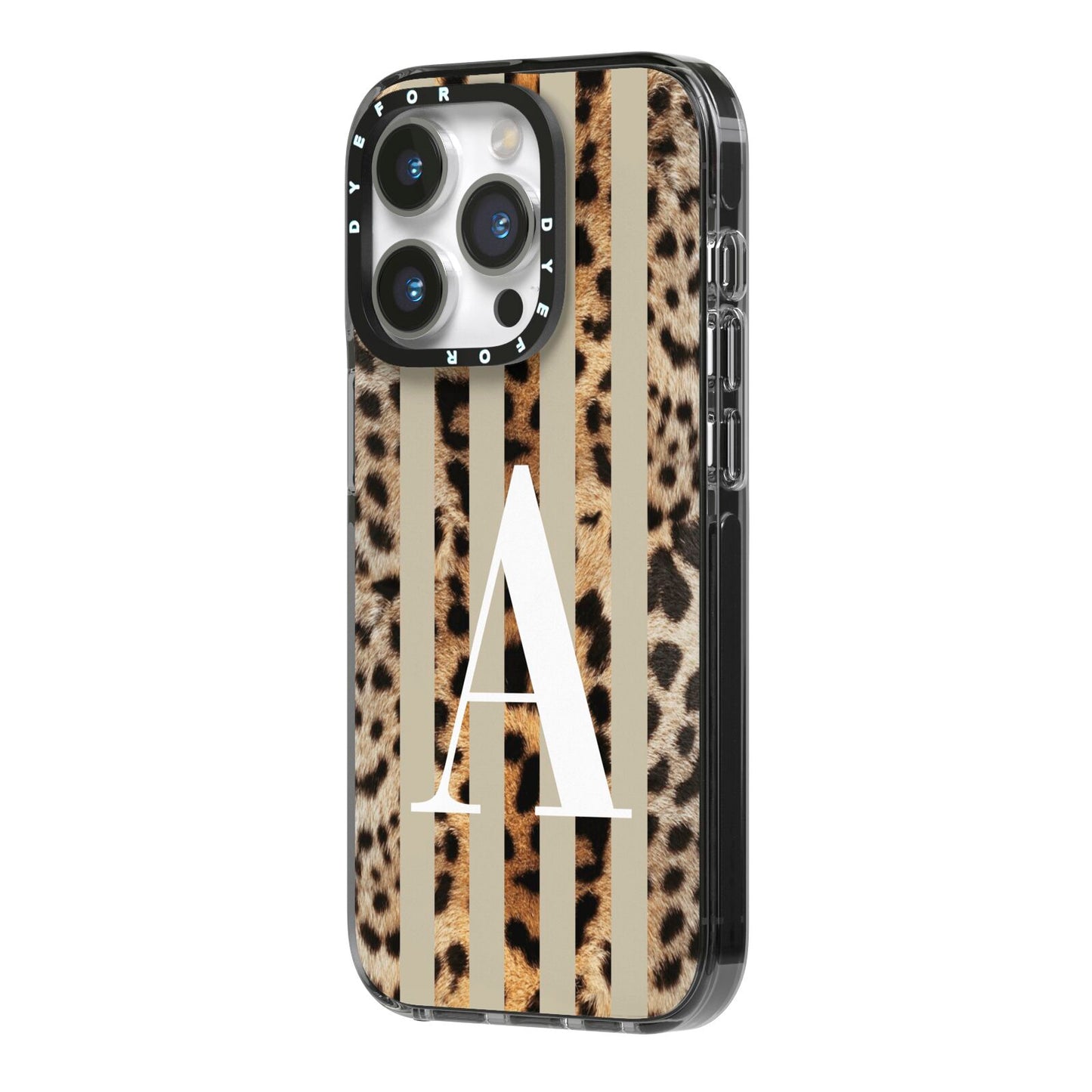 Personalised Leopard Stripes iPhone 14 Pro Black Impact Case Side Angle on Silver phone