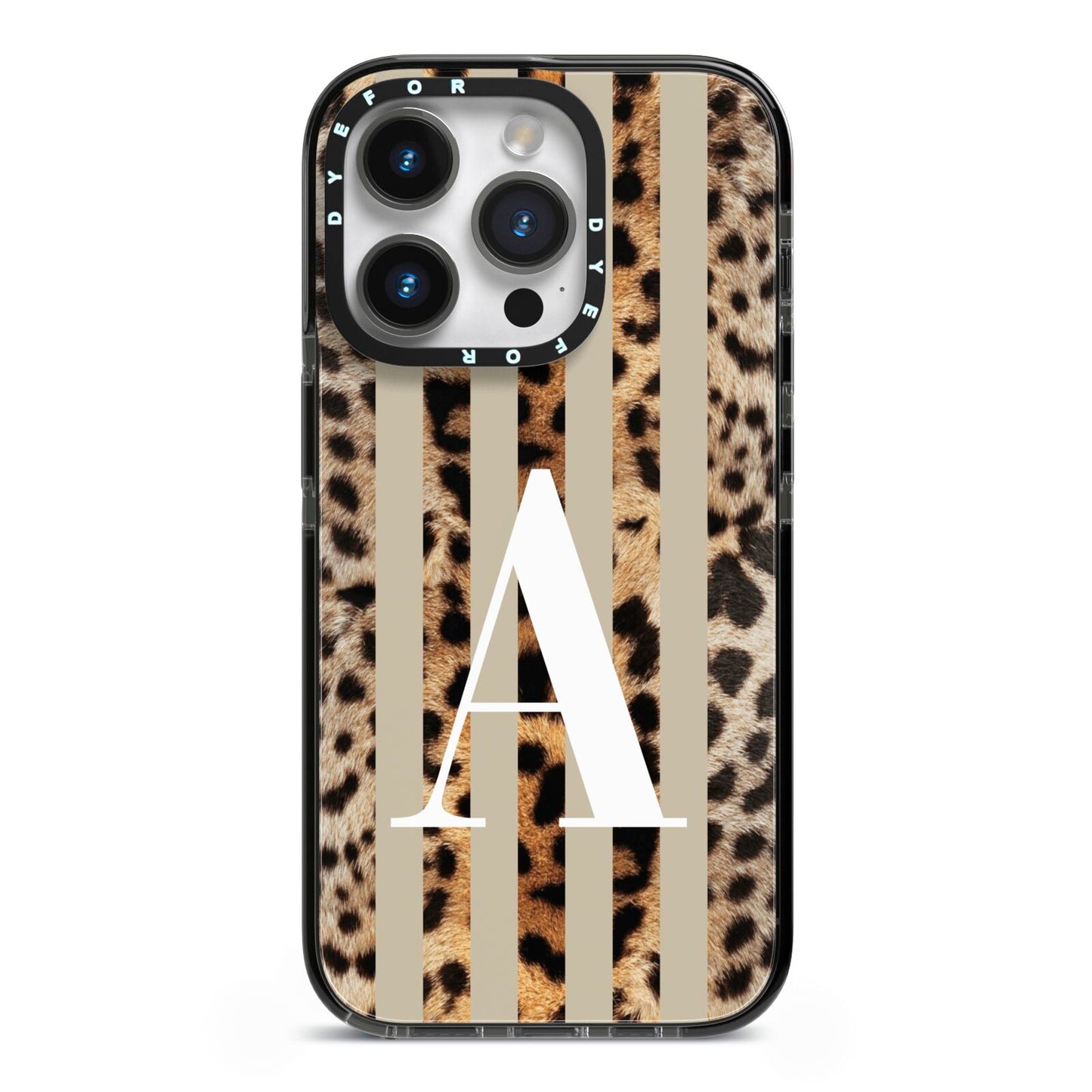 Personalised Leopard Stripes iPhone 14 Pro Black Impact Case on Silver phone