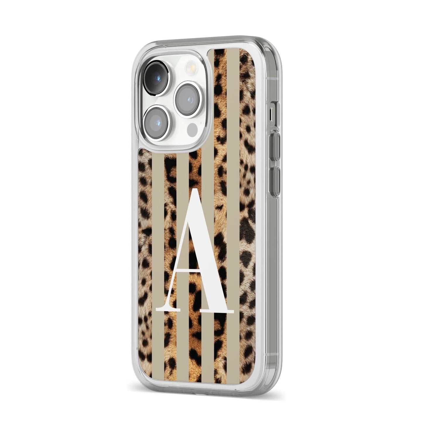 Personalised Leopard Stripes iPhone 14 Pro Clear Tough Case Silver Angled Image