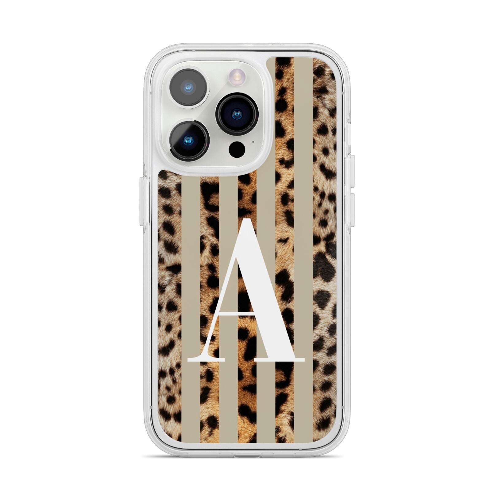Personalised Leopard Stripes iPhone 14 Pro Clear Tough Case Silver