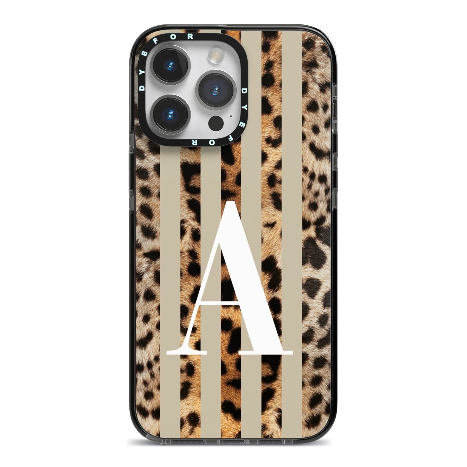 Personalised Leopard Stripes iPhone 14 Pro Max Black Impact Case on Silver phone