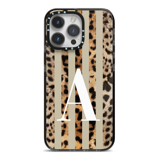 Personalised Leopard Stripes iPhone 14 Pro Max Black Impact Case on Silver phone