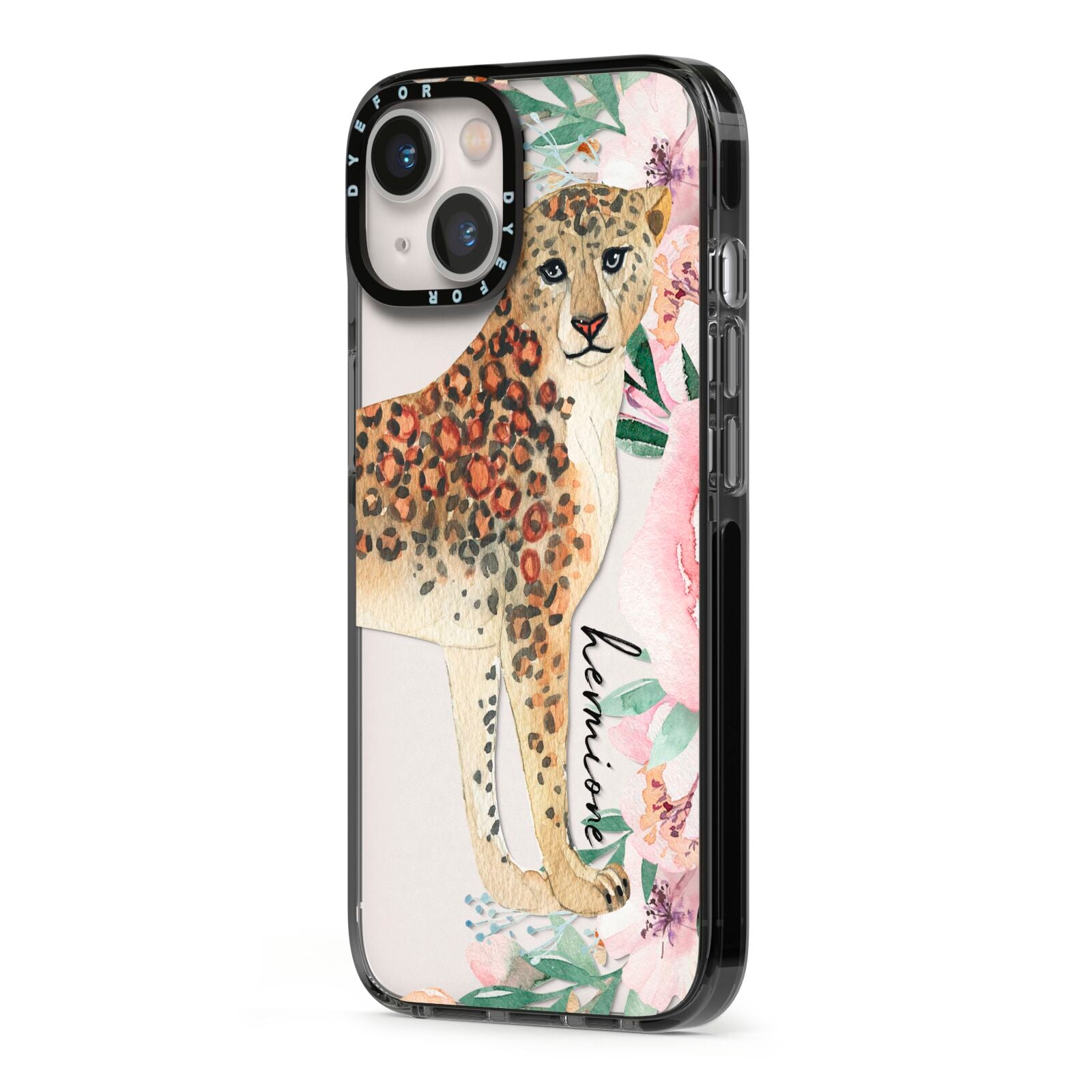 Personalised Leopard iPhone 13 Black Impact Case Side Angle on Silver phone