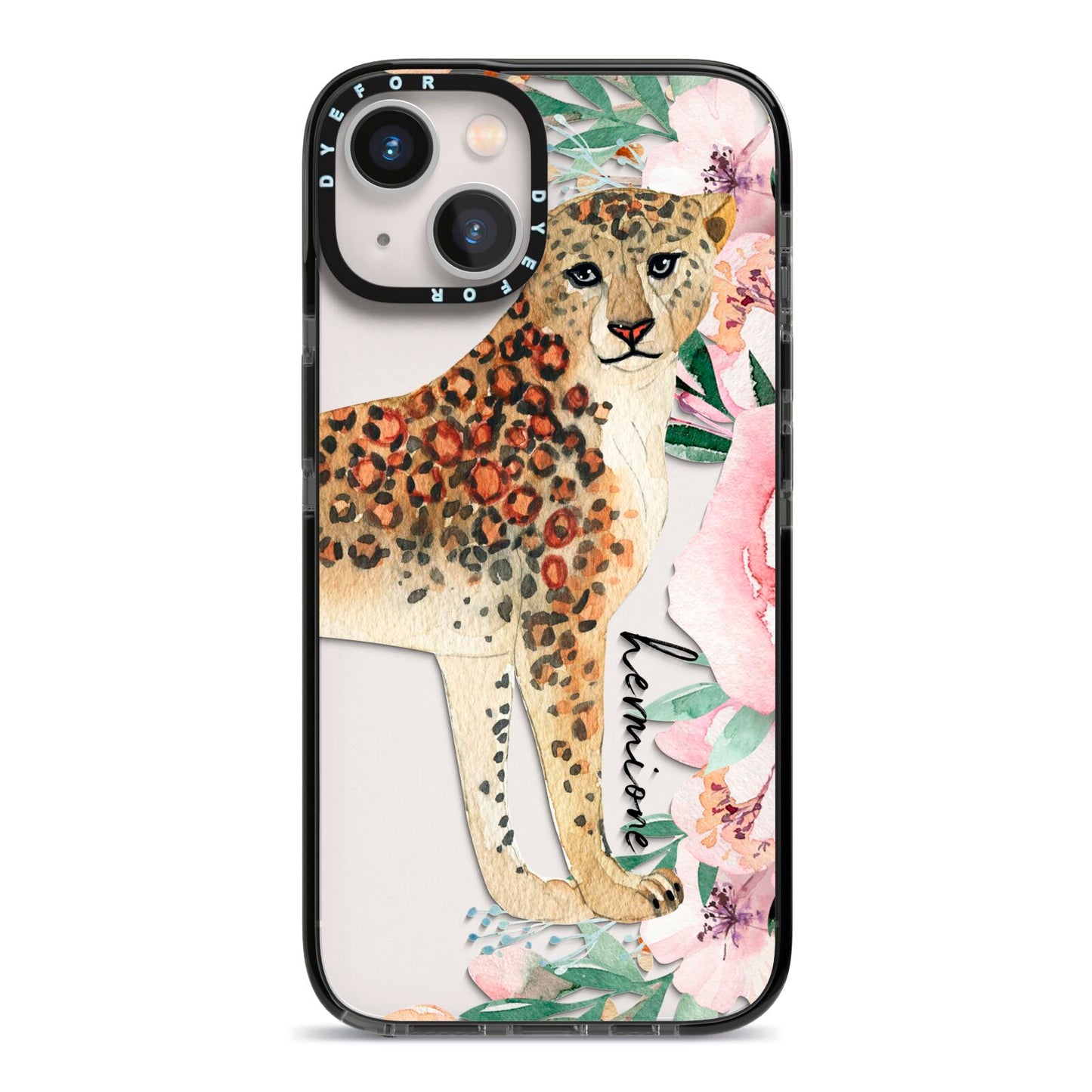 Personalised Leopard iPhone 13 Black Impact Case on Silver phone