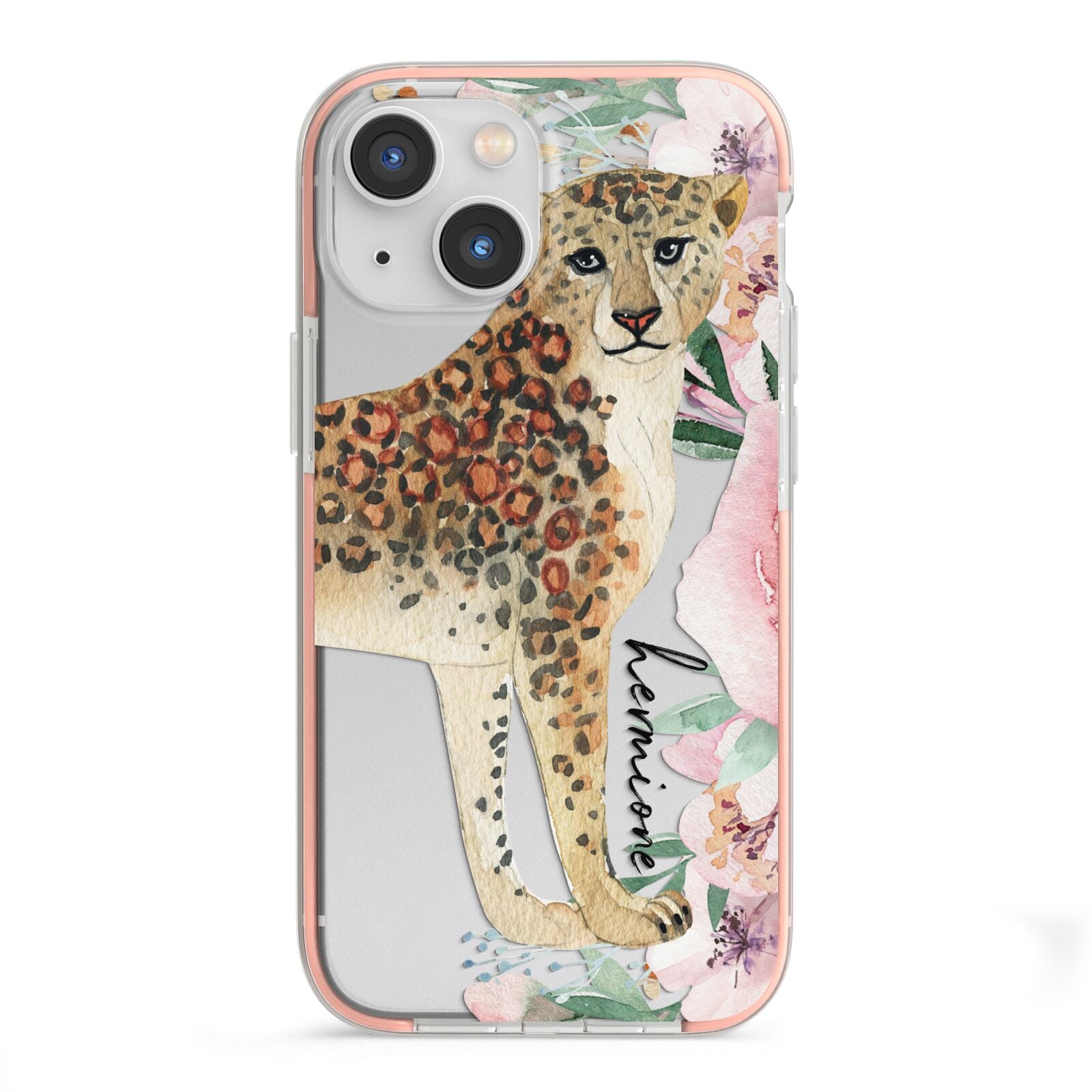 Personalised Leopard iPhone 13 Mini TPU Impact Case with Pink Edges