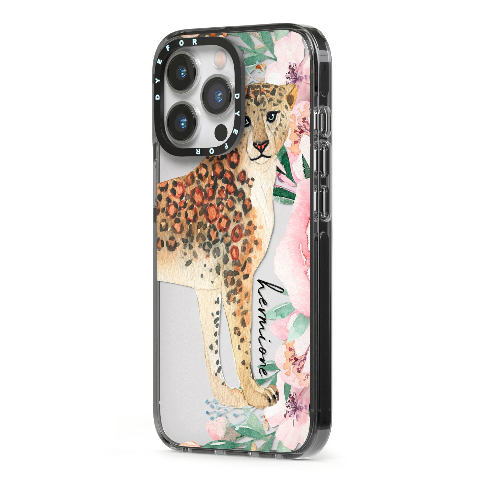 Personalised Leopard iPhone 13 Pro Black Impact Case Side Angle on Silver phone