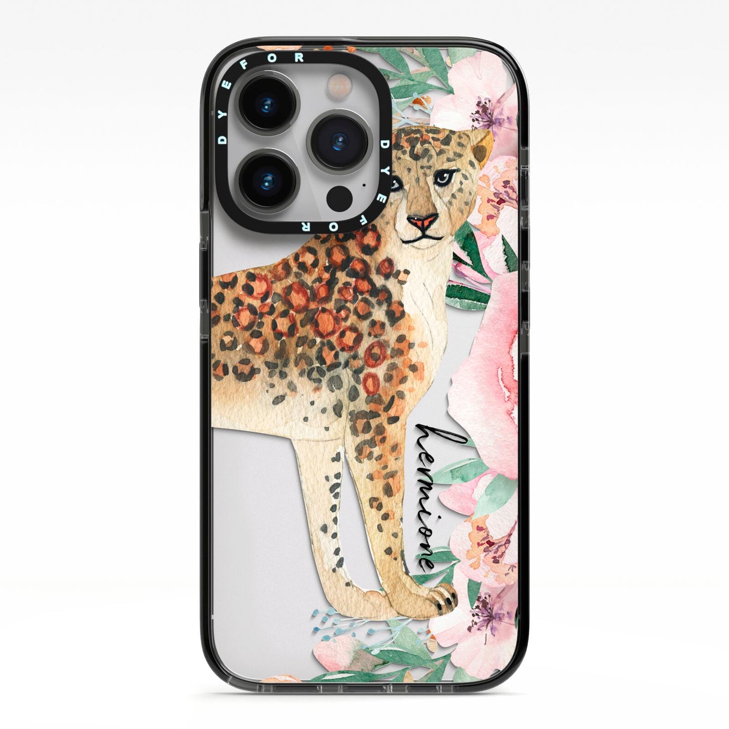 Personalised Leopard iPhone 13 Pro Black Impact Case on Silver phone