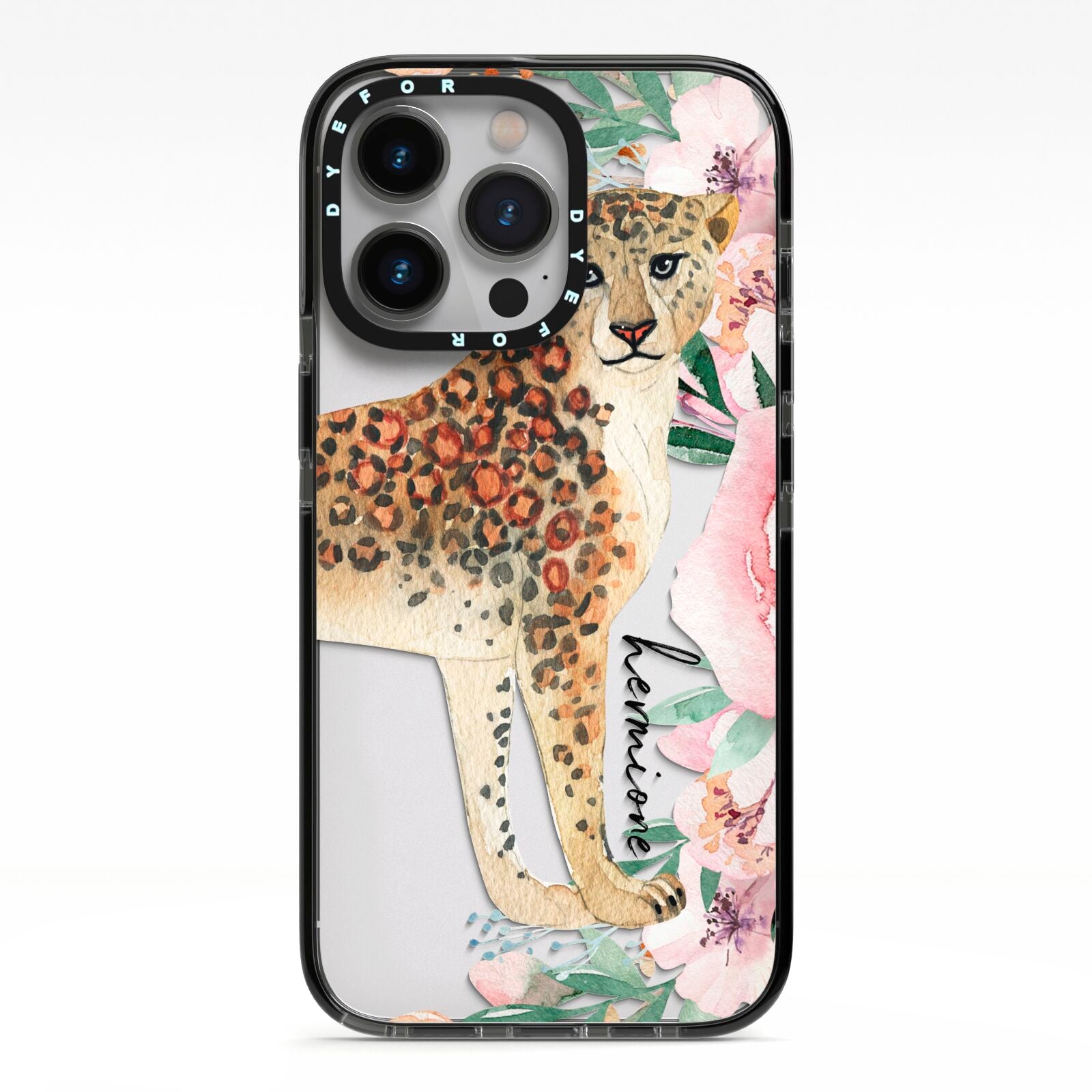 Personalised Leopard iPhone 13 Pro Black Impact Case on Silver phone